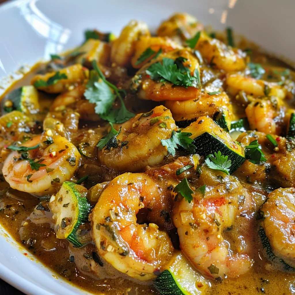 Close-up of a vibrant shrimp zucchini curry in a bowl with fresh cilantro.