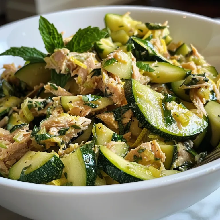 ['Close-up view of a fresh Zucchini and Tuna Salad with vibrant greens and a lemon wedge.', 'Juicy Zucchini and Tuna Salad featuring chopped zucchini and flakes of tuna on a plate.', 'Side view of a colorful Zucchini and Tuna Salad with herbs and lemon zest sprinkled on top.', 'Zucchini and Tuna Salad displayed in a bowl, showcasing its fresh ingredients and textures.']