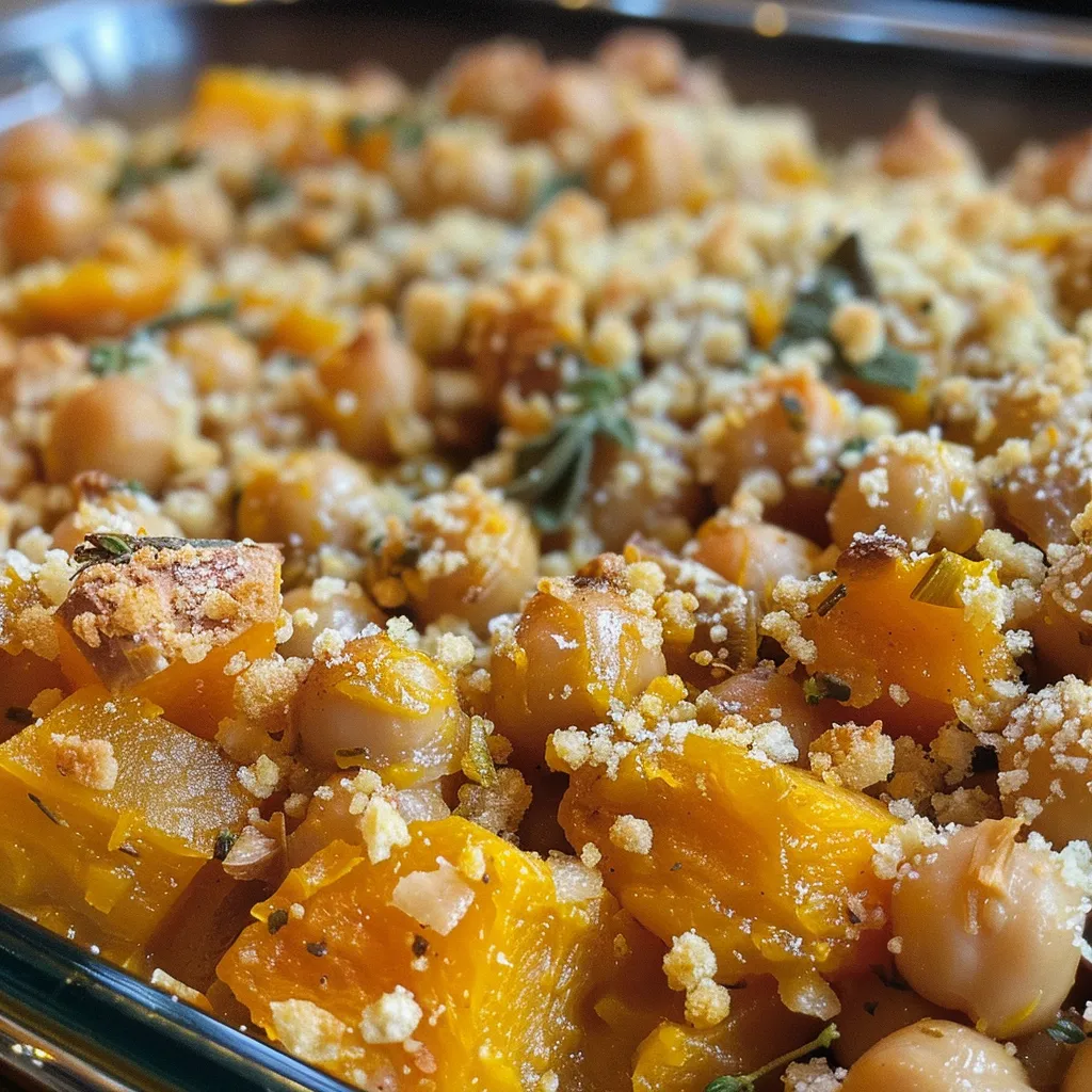 ['A close-up view of a Baked Chickpeas with Butternut Squash Casserole, showcasing golden squash and chickpeas.', 'A side view of a casserole dish filled with baked chickpeas and butternut squash, garnished with fresh herbs.', 'A close-up image of a hearty casserole featuring chickpeas and cubed butternut squash, highlighting the texture.', 'A delicious-looking Baked Chickpeas with Butternut Squash Casserole, emphasizing the creamy and savory ingredients.']