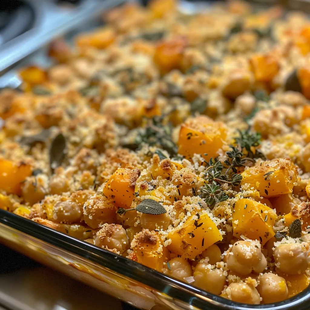 ['A close-up view of a Baked Chickpeas with Butternut Squash Casserole, showcasing golden squash and chickpeas.', 'A side view of a casserole dish filled with baked chickpeas and butternut squash, garnished with fresh herbs.', 'A close-up image of a hearty casserole featuring chickpeas and cubed butternut squash, highlighting the texture.', 'A delicious-looking Baked Chickpeas with Butternut Squash Casserole, emphasizing the creamy and savory ingredients.']