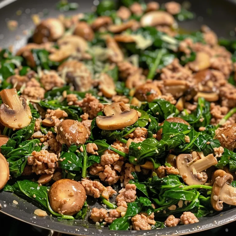 ['A close-up view of a turkey spinach mushroom skillet with vibrant colors.', 'Juicy turkey skillet featuring fresh spinach and sliced mushrooms from a side angle.', 'Savory ground turkey mixed with spinach and mushrooms, displayed in a skillet.', 'Side view of a hearty turkey dish with fresh ingredients in a skillet.']