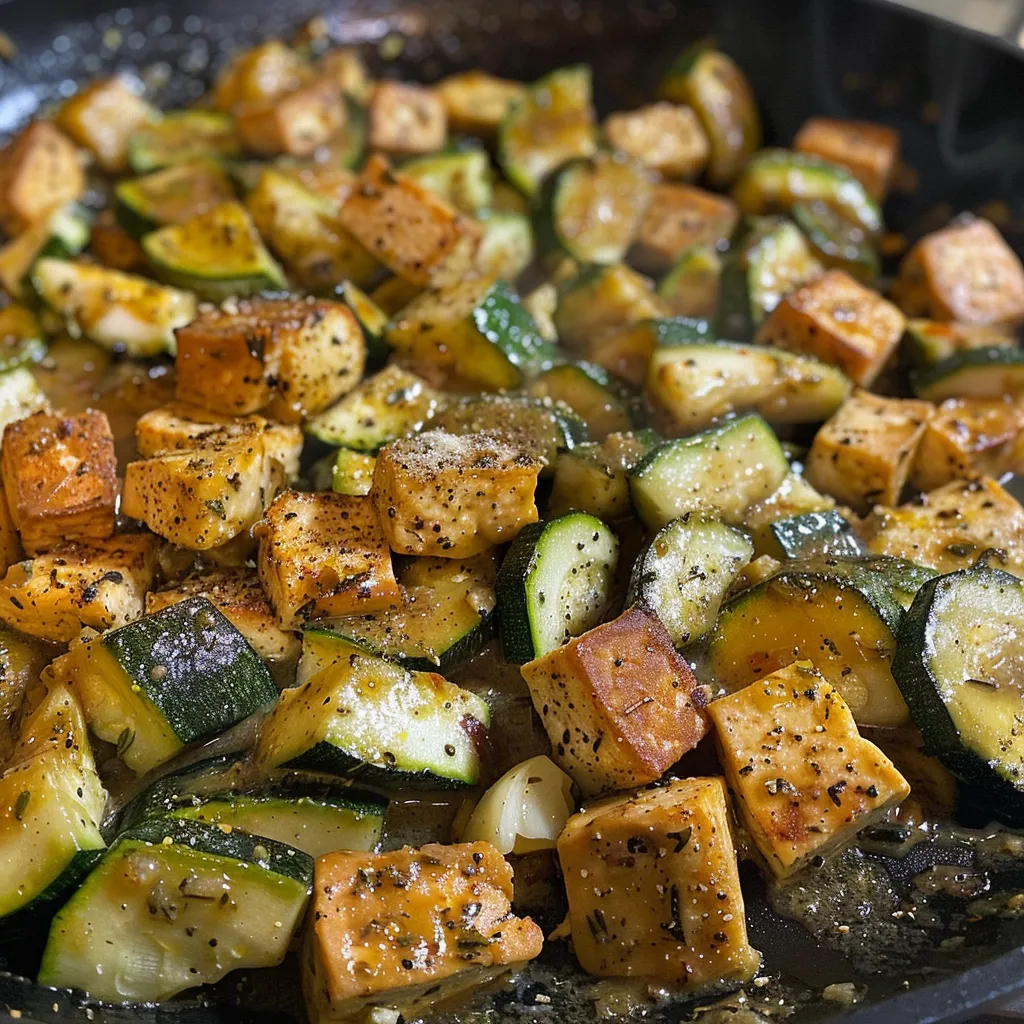 ['Close-up of a skillet filled with sautéed tofu and zucchini in a rich sauce.', 'Side view of a plated dish featuring glistening tofu and zucchini with a vibrant sauce.', 'Juicy tofu cubes and zucchini spirals coated in a flavorful sauce, served in a skillet.', 'Tofu and zucchini stir-fry arranged artfully in a skillet, showcasing a savory glaze.']