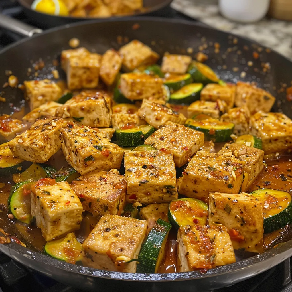 ['Close-up of a skillet filled with sautéed tofu and zucchini in a rich sauce.', 'Side view of a plated dish featuring glistening tofu and zucchini with a vibrant sauce.', 'Juicy tofu cubes and zucchini spirals coated in a flavorful sauce, served in a skillet.', 'Tofu and zucchini stir-fry arranged artfully in a skillet, showcasing a savory glaze.']
