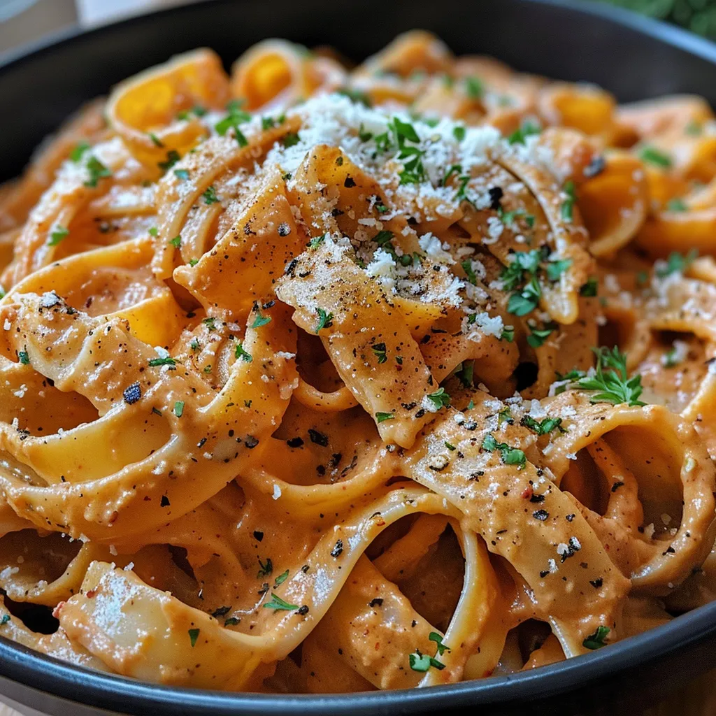 A close-up view of creamy sweet potato pasta, showcasing the vibrant orange sauce coating the spaghetti.