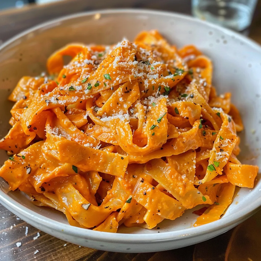 A close-up view of creamy sweet potato pasta, showcasing the vibrant orange sauce coating the spaghetti.