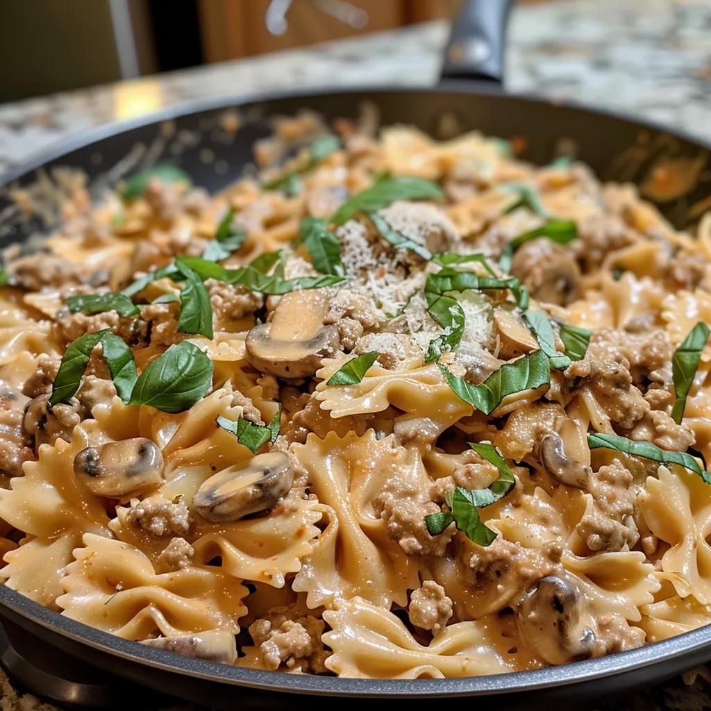 ['Close-up view of creamy ground turkey pasta garnished with fresh basil.', 'Juicy creamy pasta with ground turkey, mushrooms, and parmesan cheese.', 'Side view of a hearty bowl of creamy ground turkey pasta topped with basil.', 'Delicious creamy pasta featuring ground turkey, mushrooms, and a rich sauce.']