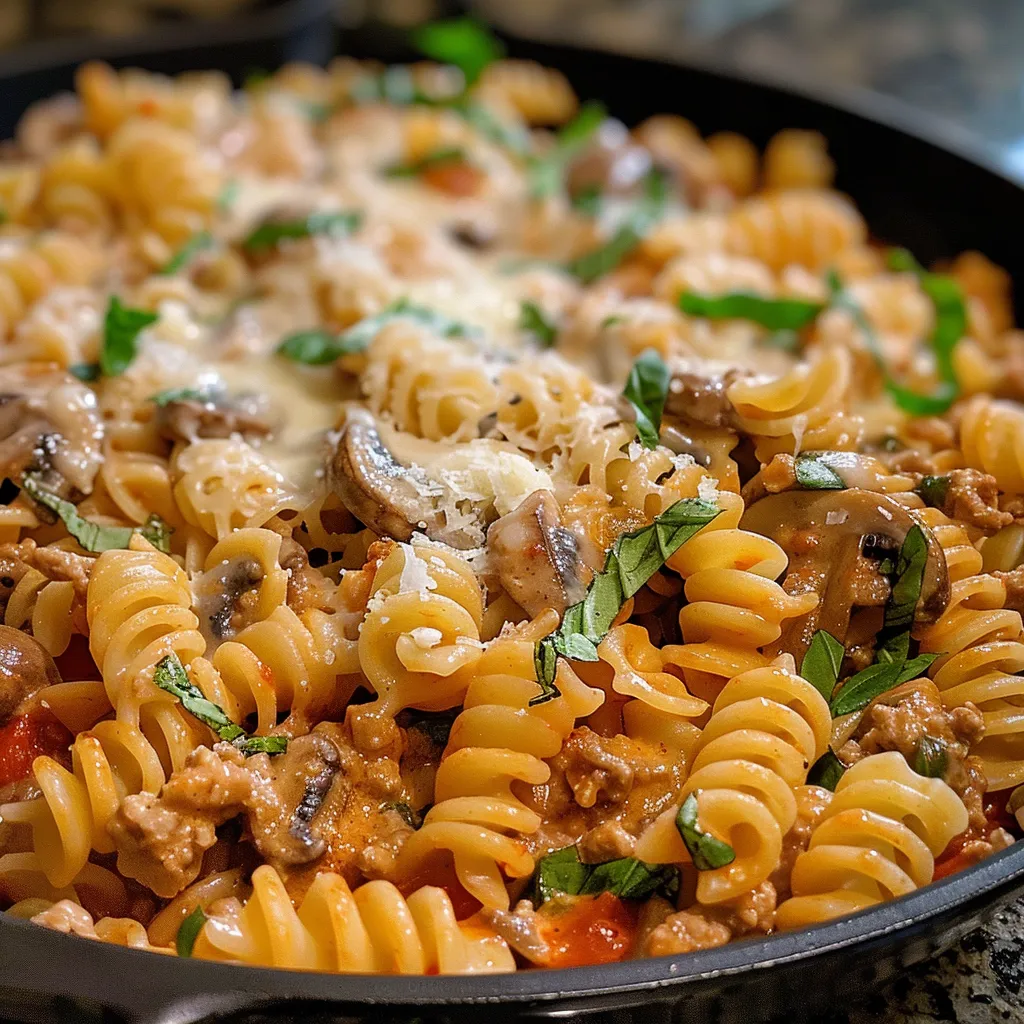 ['Close-up view of creamy ground turkey pasta garnished with fresh basil.', 'Juicy creamy pasta with ground turkey, mushrooms, and parmesan cheese.', 'Side view of a hearty bowl of creamy ground turkey pasta topped with basil.', 'Delicious creamy pasta featuring ground turkey, mushrooms, and a rich sauce.']