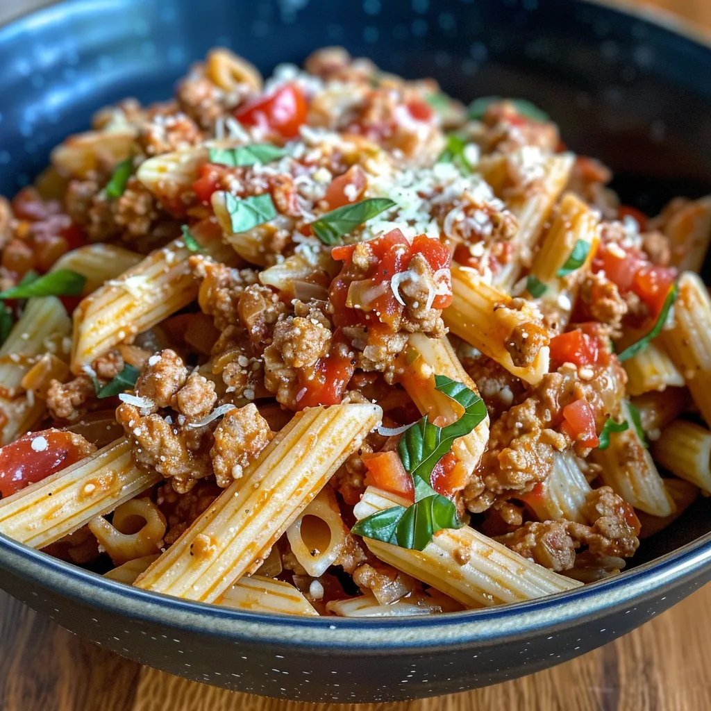 ['Close-up view of a bowl of high-protein pasta topped with ground turkey and garnished with Parmesan cheese.', 'Side view of a serving of high-protein pasta mixed with lean ground turkey and crushed tomatoes.', 'Juicy high-protein pasta dish in a bowl, featuring ground turkey and a sprinkle of Italian seasoning.', 'Delicious plate of high-protein pasta with ground turkey, diced onions, and a rich tomato sauce.']