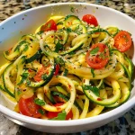 ['Close-up view of zucchini pasta topped with tomato sauce and garnished with basil.', 'Spiralized zucchini noodles served in a bowl with crushed tomatoes and garlic.', 'A vibrant plate of zucchini pasta drizzled with olive oil and sprinkled with Parmesan cheese.', 'Side view of zucchini pasta dish featuring fresh ingredients and a rich tomato sauce.']