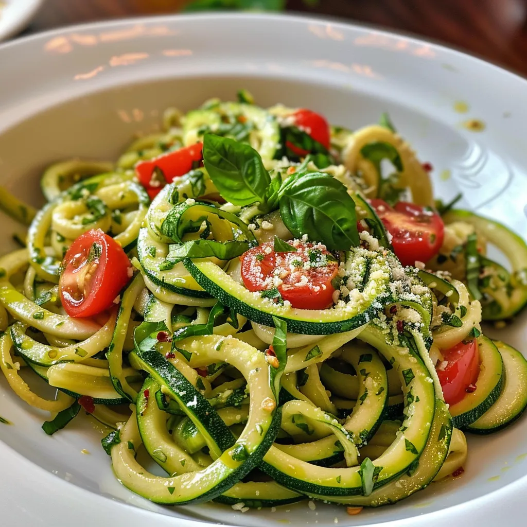 ['Close-up view of zucchini pasta topped with tomato sauce and garnished with basil.', 'Spiralized zucchini noodles served in a bowl with crushed tomatoes and garlic.', 'A vibrant plate of zucchini pasta drizzled with olive oil and sprinkled with Parmesan cheese.', 'Side view of zucchini pasta dish featuring fresh ingredients and a rich tomato sauce.']