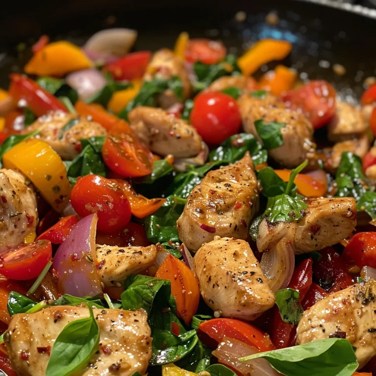 ['Close-up shot of a colorful chicken stir fry with spinach and cherry tomatoes.', 'Side view of a vibrant stir fry dish featuring chicken, spinach, and halved cherry tomatoes.', 'Juicy chicken stir fry with red bell pepper and fresh spinach showcased in a bowl.', 'A delicious stir fry highlighted by bite-sized chicken pieces and a mix of vegetables.']