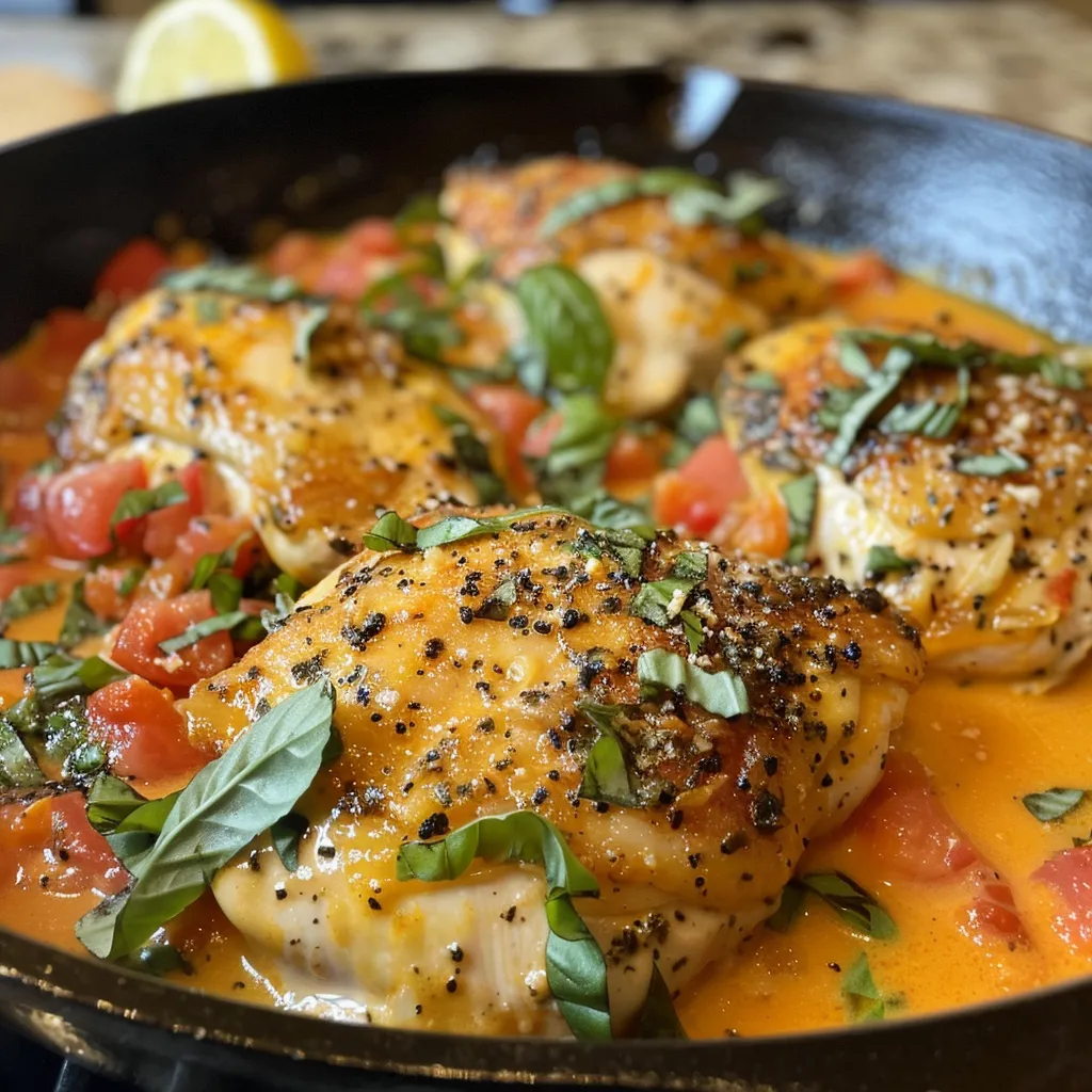 Juicy chicken breasts in creamy pumpkin sauce with parmesan on a skillet.