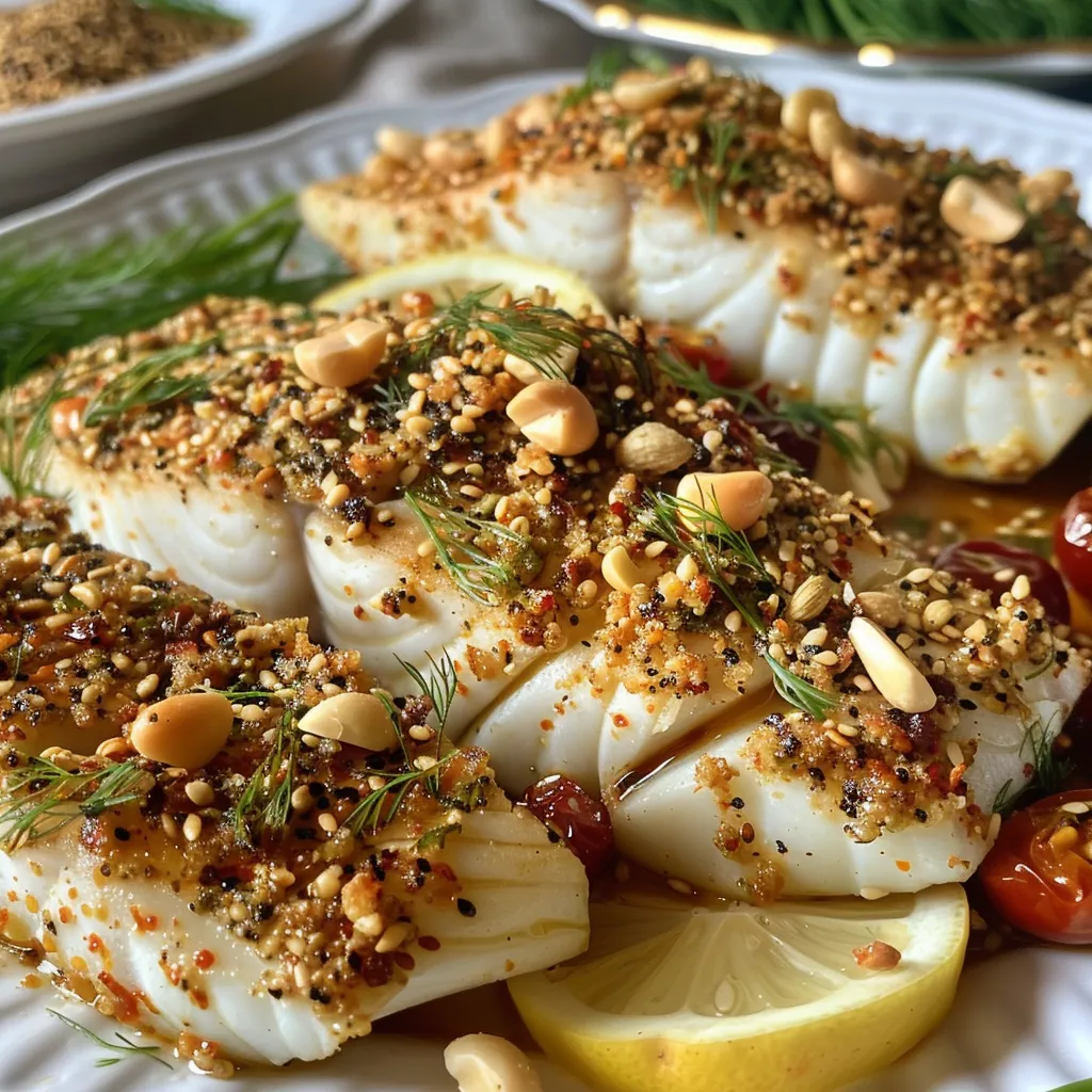 ['Close-up of Dukkah-crusted fish fillets arranged on a sheet pan with roasted fennel and cherry tomatoes.', 'Juicy fish fillets coated in Dukkah seasoning, surrounded by wedges of fennel and halved cherry tomatoes on a baking tray.', 'Side view of a sheet pan featuring Dukkah-crusted fish, colorful roasted vegetables, and lemon wedges.', 'Gourmet presentation of Dukkah fish with roasted fennel and cherry tomatoes, ready to serve.']