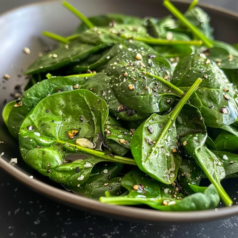 ['A close-up side view of a vibrant spinach salad with fresh greens and a light dressing.', 'A juicy spinach salad featuring fresh baby spinach dressed with olive oil and balsamic vinegar.', 'A detailed side view of a simple spinach salad with a sprinkling of garlic and pepper.', 'A colorful close-up image of a spinach salad showcasing the fresh ingredients used.']