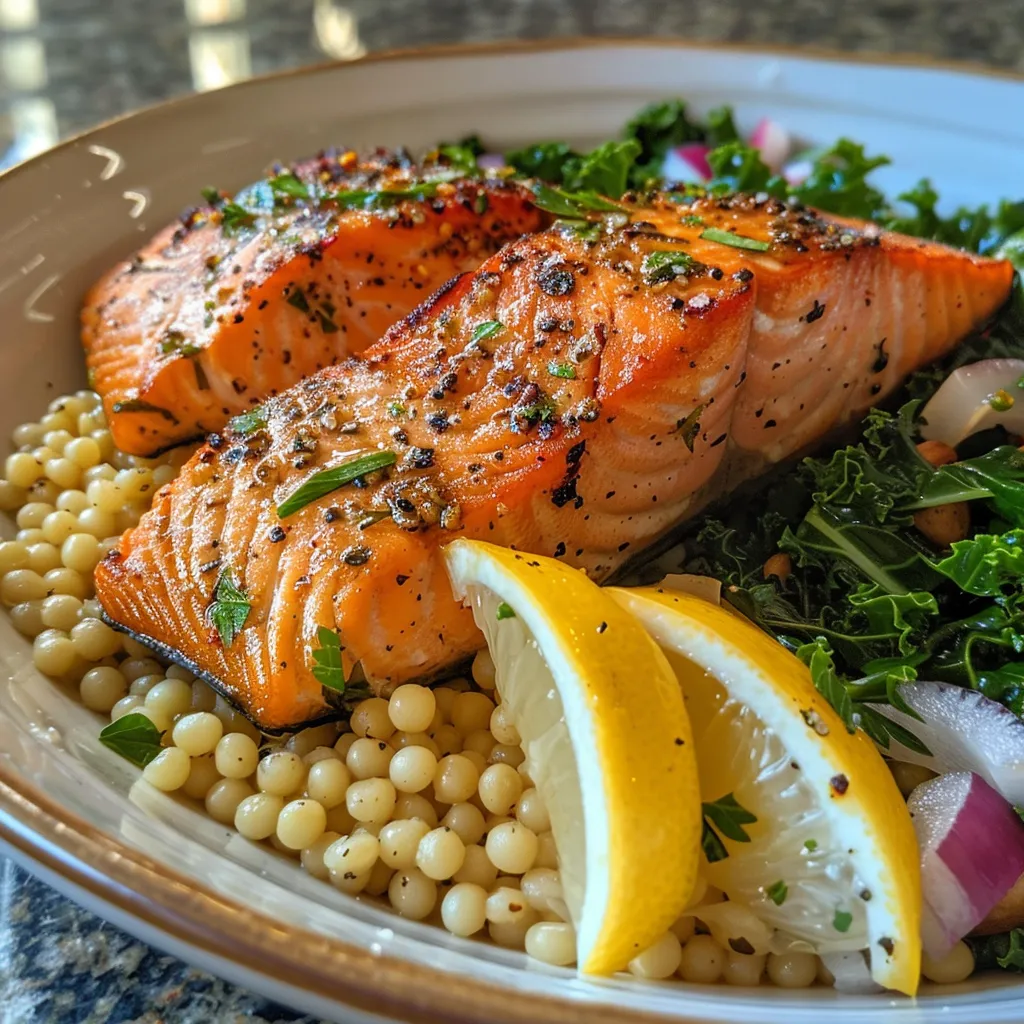 ['Close-up side view of a colorful Greek salmon grain bowl featuring salmon, couscous, and greens.', 'A vibrant grain bowl filled with salmon, kale, and couscous, shot from a side angle.', 'Delicious Greek salmon grain bowl with visible ingredients like couscous, greens, and spices in a side view.', 'Side view of a healthy Greek salmon grain bowl showcasing juicy salmon and fresh vegetables.']