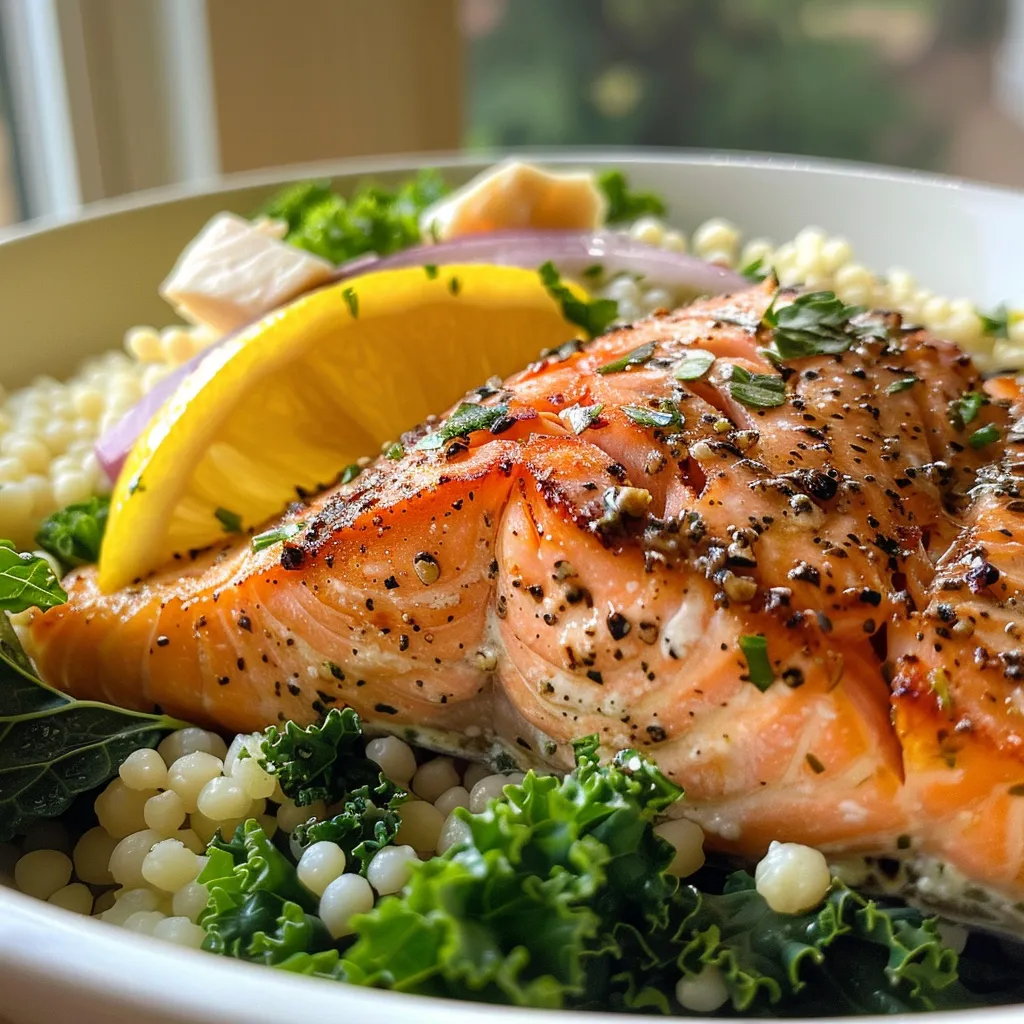 ['Close-up side view of a colorful Greek salmon grain bowl featuring salmon, couscous, and greens.', 'A vibrant grain bowl filled with salmon, kale, and couscous, shot from a side angle.', 'Delicious Greek salmon grain bowl with visible ingredients like couscous, greens, and spices in a side view.', 'Side view of a healthy Greek salmon grain bowl showcasing juicy salmon and fresh vegetables.']