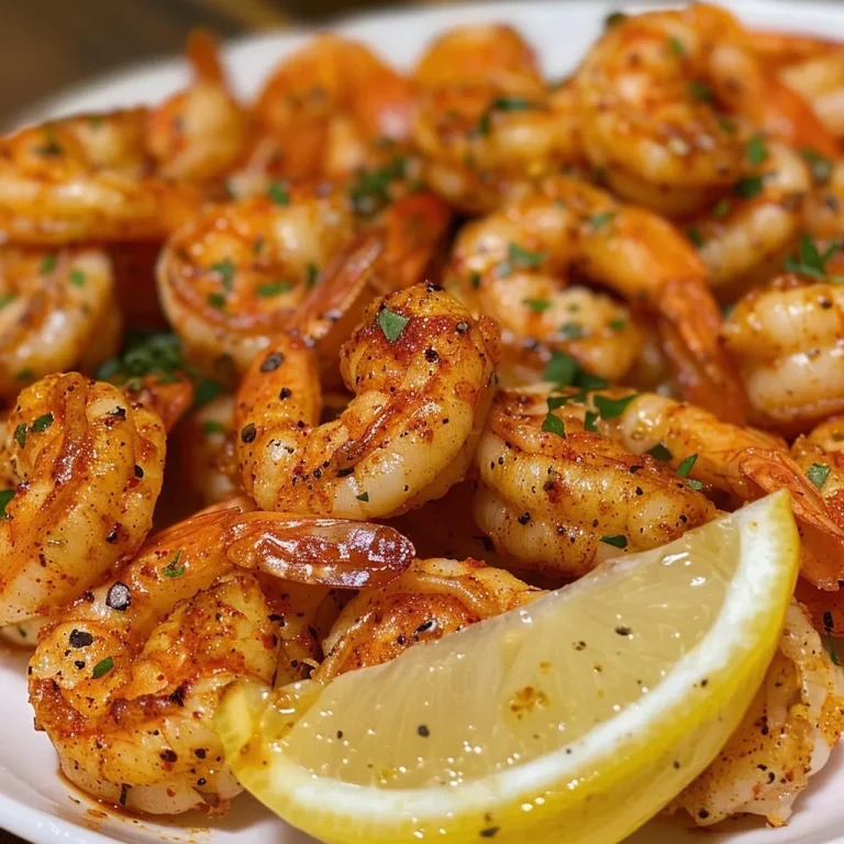['Close-up of juicy air fryer shrimp garnished with parsley and served with lemon wedges.', 'Side view of perfectly cooked air fryer shrimp on a plate, showcasing its vibrant color.', 'Juicy shrimp arranged neatly, highlighting the golden-brown seasoning and ingredients.', 'A delicious presentation of air fryer shrimp with garnishes on a stylish plate.']