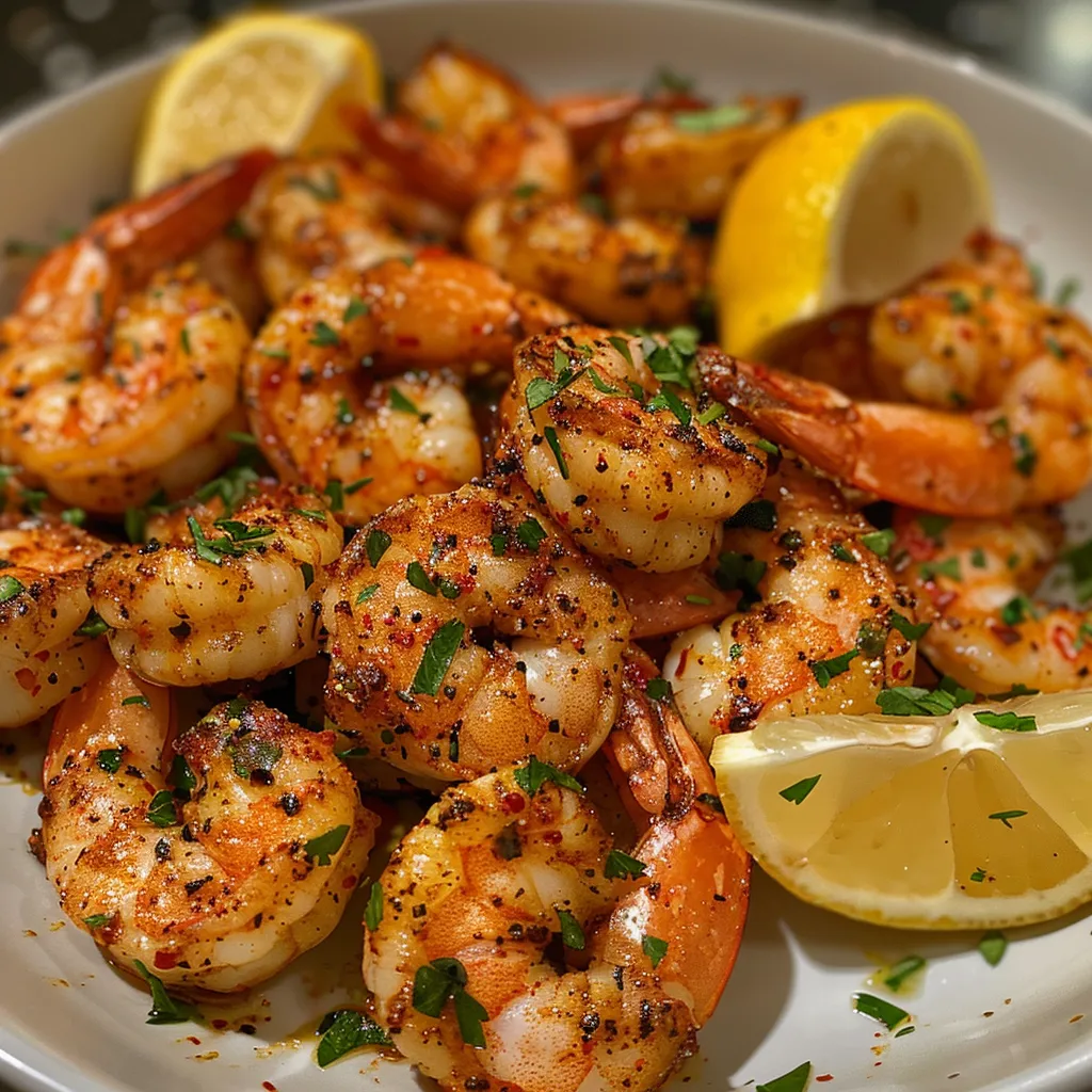 ['Close-up of juicy air fryer shrimp garnished with parsley and served with lemon wedges.', 'Side view of perfectly cooked air fryer shrimp on a plate, showcasing its vibrant color.', 'Juicy shrimp arranged neatly, highlighting the golden-brown seasoning and ingredients.', 'A delicious presentation of air fryer shrimp with garnishes on a stylish plate.']