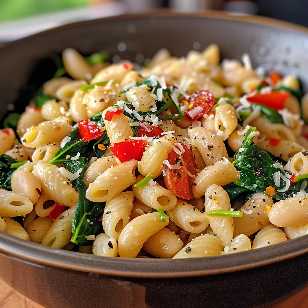 Close-up of a bowl of black bean pasta with colorful vegetables.