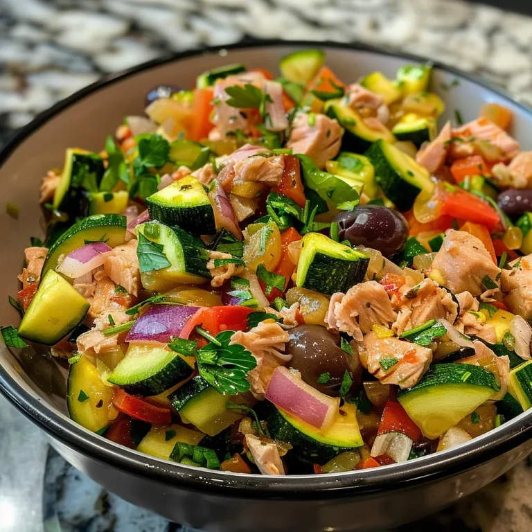 ['A close-up view of a vibrant Mediterranean Tuna Zucchini Salad featuring zucchini, red onion, and olives.', 'A detailed shot of a fresh Mediterranean Tuna Zucchini Salad, showcasing its colorful ingredients.', 'A side view of a Mediterranean Tuna Zucchini Salad with chunks of tuna, zucchini, and bell peppers.', 'A close-up of a healthy Mediterranean Tuna Zucchini Salad served in a rustic bowl.']