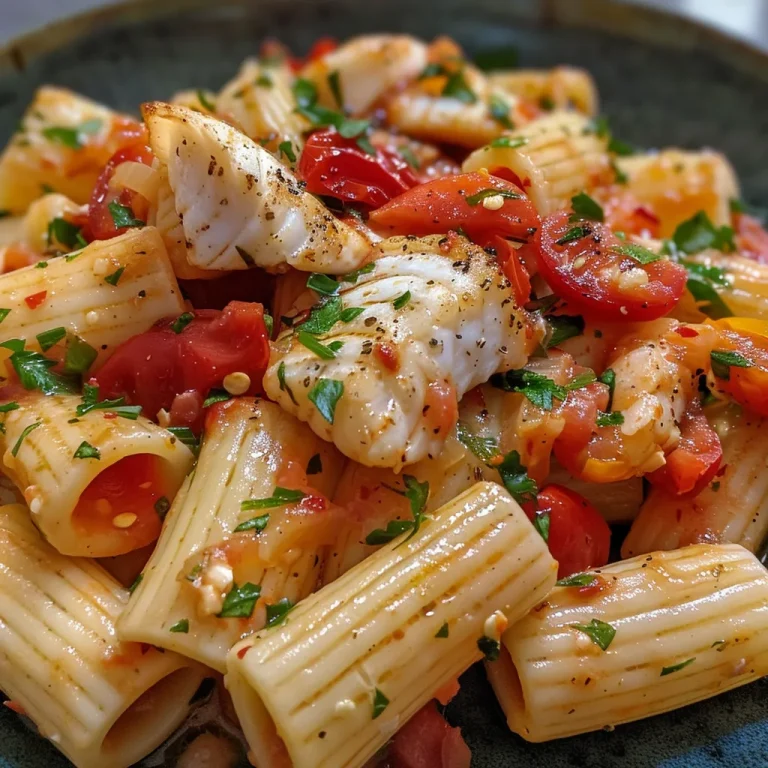 ['Close-up view of a plate featuring fish pasta topped with vibrant red tomato sauce.', 'Side view of a delicious fish pasta dish served in a white bowl, garnished with parsley.', 'Juicy fish pasta with tomato sauce, showing the texture of the fish and pasta details.', 'A colorful dish of fish pasta in tomato sauce, highlighting the ingredients and sauce consistency.']