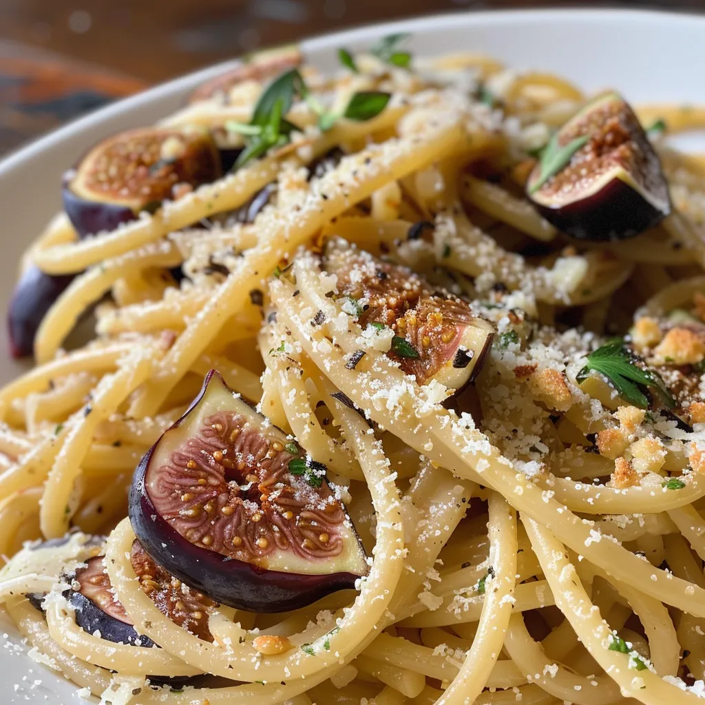 ['Close-up view of a plate of Easy Fig Pasta garnished with fresh figs and herbs.', 'Side angle of a serving of Easy Fig Pasta featuring glistening noodles and sliced figs.', 'Detailed shot of Easy Fig Pasta with a sprinkle of vegan parmesan and a drizzle of olive oil.', 'Close-up image of cooked pasta intertwined with fresh figs and garlic on a white plate.']