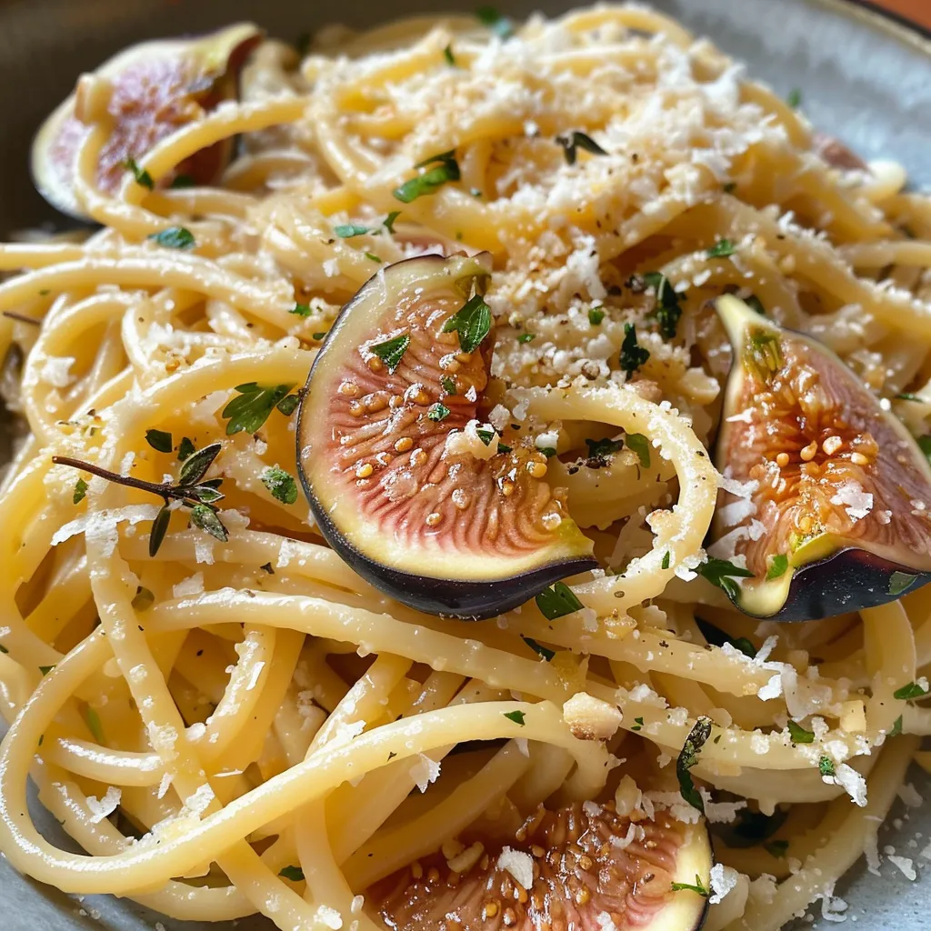 ['Close-up view of a plate of Easy Fig Pasta garnished with fresh figs and herbs.', 'Side angle of a serving of Easy Fig Pasta featuring glistening noodles and sliced figs.', 'Detailed shot of Easy Fig Pasta with a sprinkle of vegan parmesan and a drizzle of olive oil.', 'Close-up image of cooked pasta intertwined with fresh figs and garlic on a white plate.']