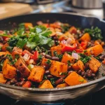 ['Close-up view of a Sweet Potato Black Bean Skillet with vibrant vegetables.', 'Side angle of a colorful Sweet Potato Black Bean dish in a skillet.', 'Juicy Sweet Potato Black Bean Skillet showcasing sweet potatoes and beans.', 'Detailed view of a savory Sweet Potato Black Bean Skillet filled with fresh ingredients.']