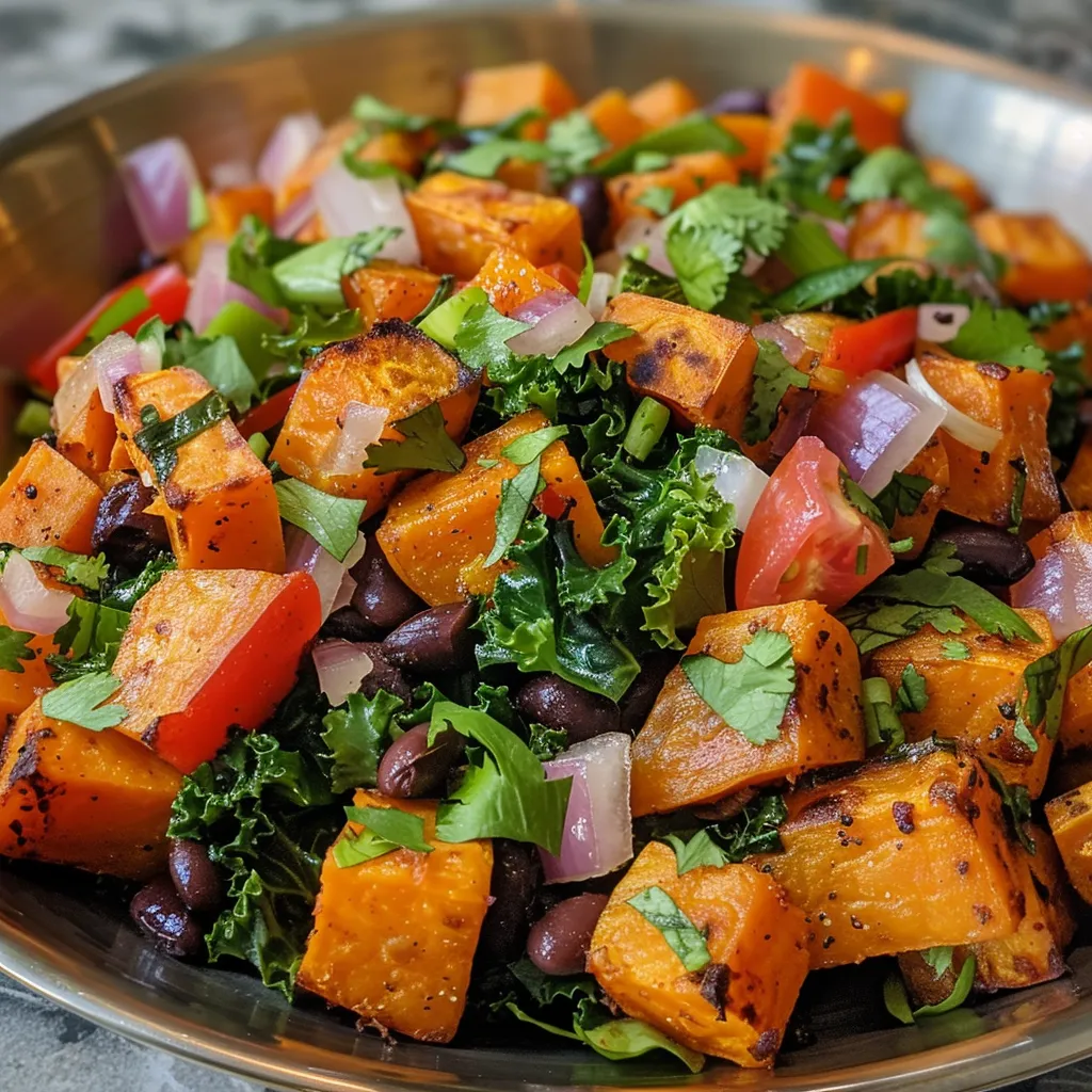 ['Close-up view of a Sweet Potato Black Bean Skillet with vibrant vegetables.', 'Side angle of a colorful Sweet Potato Black Bean dish in a skillet.', 'Juicy Sweet Potato Black Bean Skillet showcasing sweet potatoes and beans.', 'Detailed view of a savory Sweet Potato Black Bean Skillet filled with fresh ingredients.']