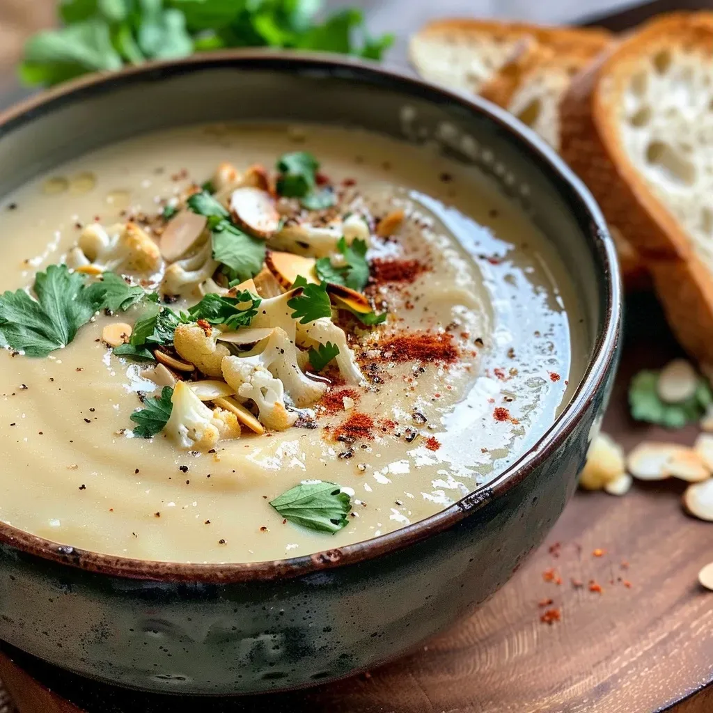 Close-up view of creamy vegan cauliflower soup with almond slices and spices, garnished with fresh cilantro.