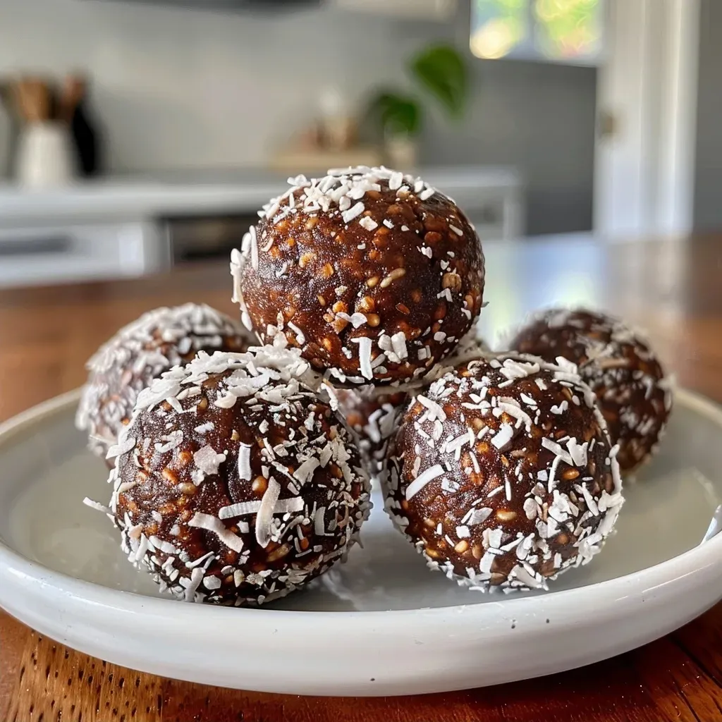 A close-up view of vegan gluten-free bliss balls, showcasing their rich texture and toppings.