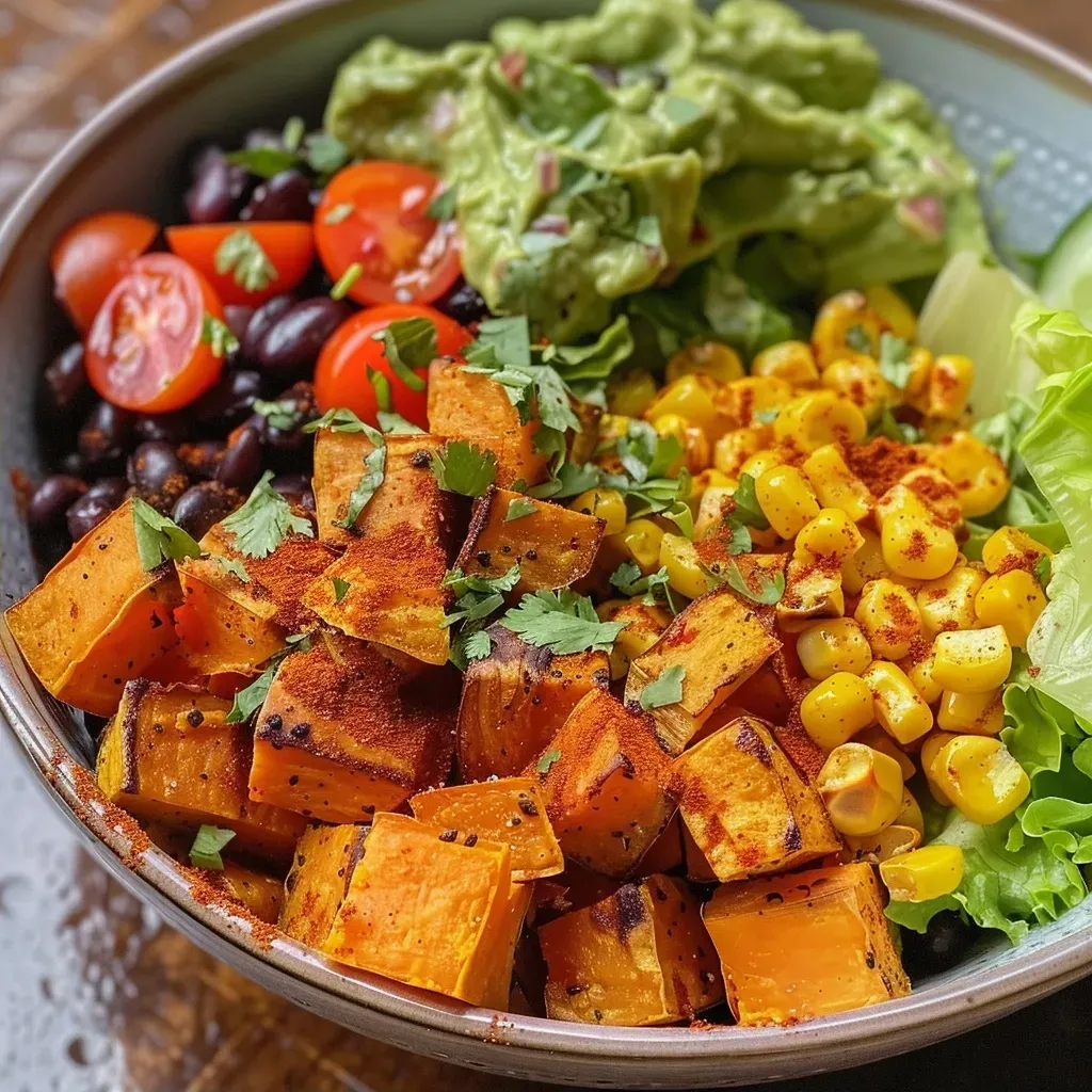 ['A close-up side view of a vibrant Vegan Southwest Sweet Potato Bowl, showcasing colorful ingredients.', 'Juicy Vegan Southwest Sweet Potato Bowl filled with black beans, corn, and cherry tomatoes.', 'A side view of a delicious Vegan Southwest Sweet Potato Bowl, highlighting cubed sweet potatoes and fresh greens.', 'An appetizing Vegan Southwest Sweet Potato Bowl featuring a mix of ingredients like cashews and cilantro.']
