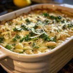 ['Close-up of white bean casserole with golden-brown top and kale pieces.', 'Side view of creamy white bean casserole featuring orzo and herbs.', 'Juicy white bean casserole in a ceramic dish, garnished with fresh greens.', 'Detailed shot of savory white bean casserole with a rich, creamy texture.']