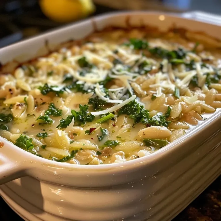 ['Close-up of white bean casserole with golden-brown top and kale pieces.', 'Side view of creamy white bean casserole featuring orzo and herbs.', 'Juicy white bean casserole in a ceramic dish, garnished with fresh greens.', 'Detailed shot of savory white bean casserole with a rich, creamy texture.']