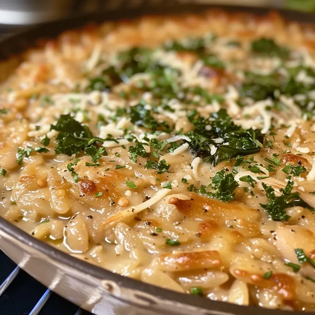 ['Close-up of white bean casserole with golden-brown top and kale pieces.', 'Side view of creamy white bean casserole featuring orzo and herbs.', 'Juicy white bean casserole in a ceramic dish, garnished with fresh greens.', 'Detailed shot of savory white bean casserole with a rich, creamy texture.']