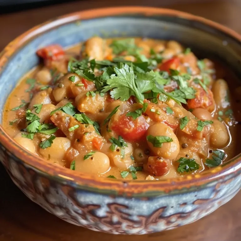 ['Close-up view of a vibrant white bean curry in a bowl, showcasing its creamy texture and colorful ingredients.', 'Side angle of a delicious white bean curry, highlighting the rich sauce and fresh cilantro garnish.', 'A mouthwatering white bean curry displayed in a dish, featuring diced vegetables and a creamy coconut layer.', 'Close-up image of white bean curry with a smooth texture, garnished with cilantro and surrounded by fresh ingredients.']