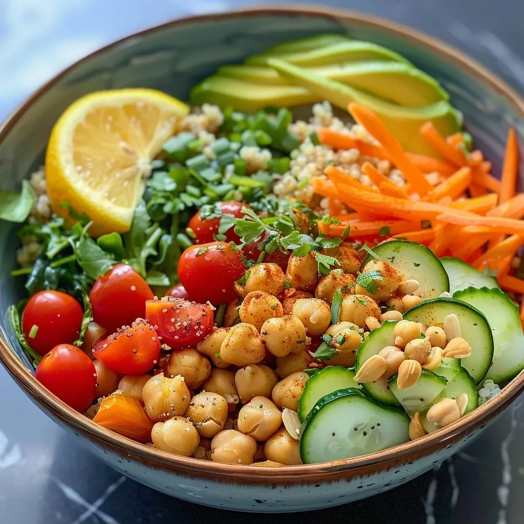 ['Close-up of a colorful Zucchini and Chickpea Buddha Bowl with fresh vegetables and herbed yogurt.', 'Side view of a Buddha Bowl featuring chickpeas, zucchini, and various vegetables topped with yogurt.', 'Zoomed-in shot of a vibrant veggie-packed Buddha Bowl with chickpeas and a sprinkle of seeds.', 'A deliciously arranged Zucchini and Chickpea Buddha Bowl filled with fresh ingredients and herbs.']