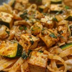 ['Close-up of a plate featuring Zucchini and Tofu Pasta with vibrant green zucchini and golden tofu.', 'Side view of Zucchini and Tofu Pasta, showcasing the colorful ingredients and pasta texture.', 'Juicy Zucchini and Tofu Pasta on a white plate, with fresh basil sprinkled on top.', 'Detailed view of Zucchini and Tofu Pasta, highlighting the contrasting colors of vegetables and pasta.']