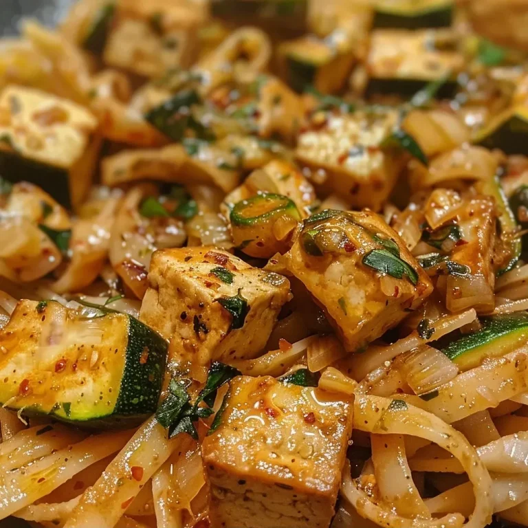 ['Close-up of a plate featuring Zucchini and Tofu Pasta with vibrant green zucchini and golden tofu.', 'Side view of Zucchini and Tofu Pasta, showcasing the colorful ingredients and pasta texture.', 'Juicy Zucchini and Tofu Pasta on a white plate, with fresh basil sprinkled on top.', 'Detailed view of Zucchini and Tofu Pasta, highlighting the contrasting colors of vegetables and pasta.']