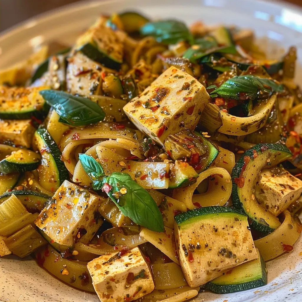 Close-up of a plate featuring Zucchini and Tofu Pasta with vibrant green zucchini and golden tofu.