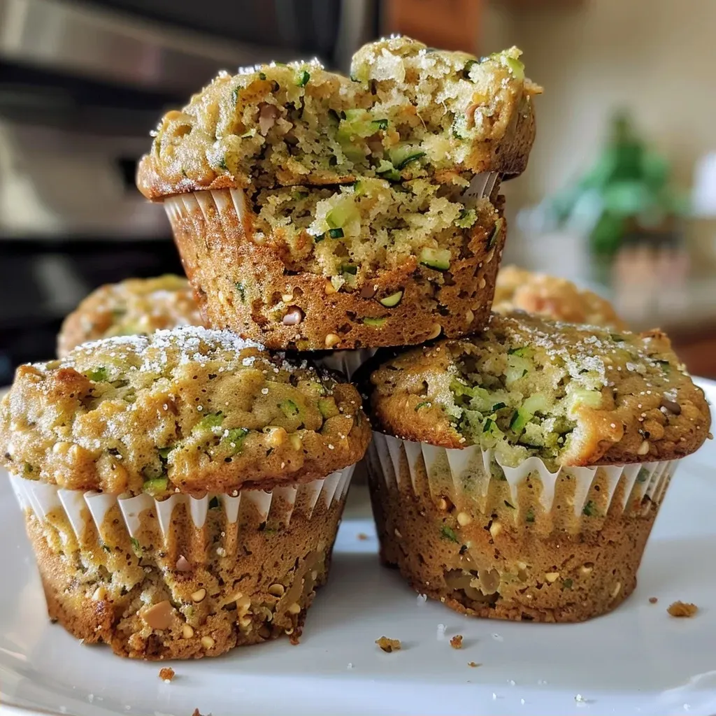 Close-up side view of a fluffy Zucchini Bread Muffin with visible flecks of green.