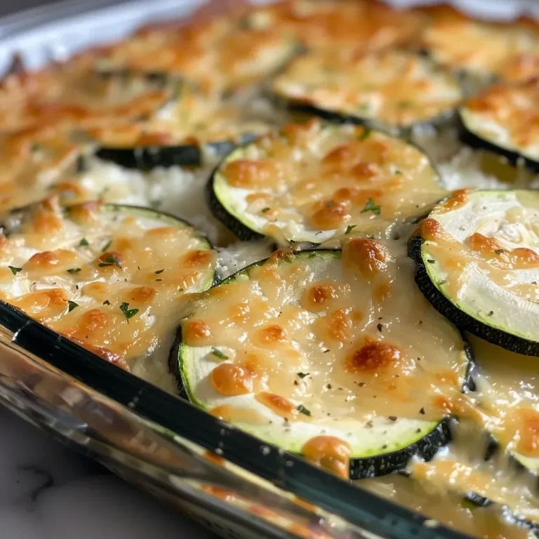 ['Close-up view of a cheesy zucchini casserole with a golden-brown top, featuring sliced zucchini.', 'A delicious zucchini casserole displaying layers of cheese and fresh zucchini slices in a baking dish.', 'Side view of a baked zucchini casserole showcasing a melty cheese topping and herb seasoning.', 'An appetizing look at a warm zucchini casserole with visible melted cheese and zucchini slices.']