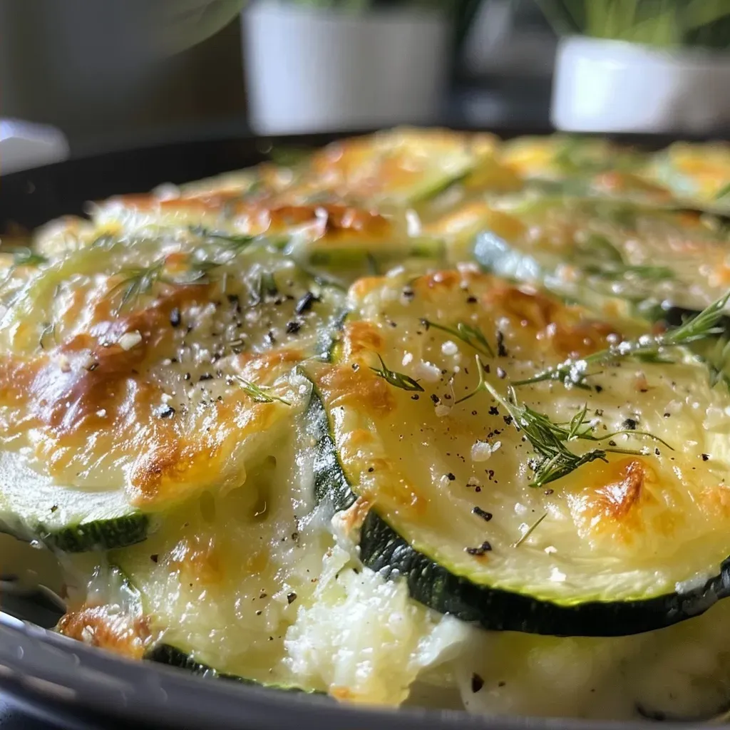 Close-up view of a cheesy zucchini casserole with a golden-brown top, featuring sliced zucchini.
