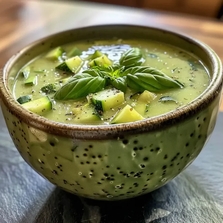 ['Close-up view of a creamy Zucchini Coconut Soup in a bowl with basil garnish.', 'A side view of Zucchini Coconut Soup showcasing its rich texture and vibrant colors.', 'Delicious Zucchini Coconut Soup in a bowl, with visible chunks of zucchini and herbs.', 'Bowl of smooth Zucchini Coconut Soup topped with basil leaves against a simple background.']
