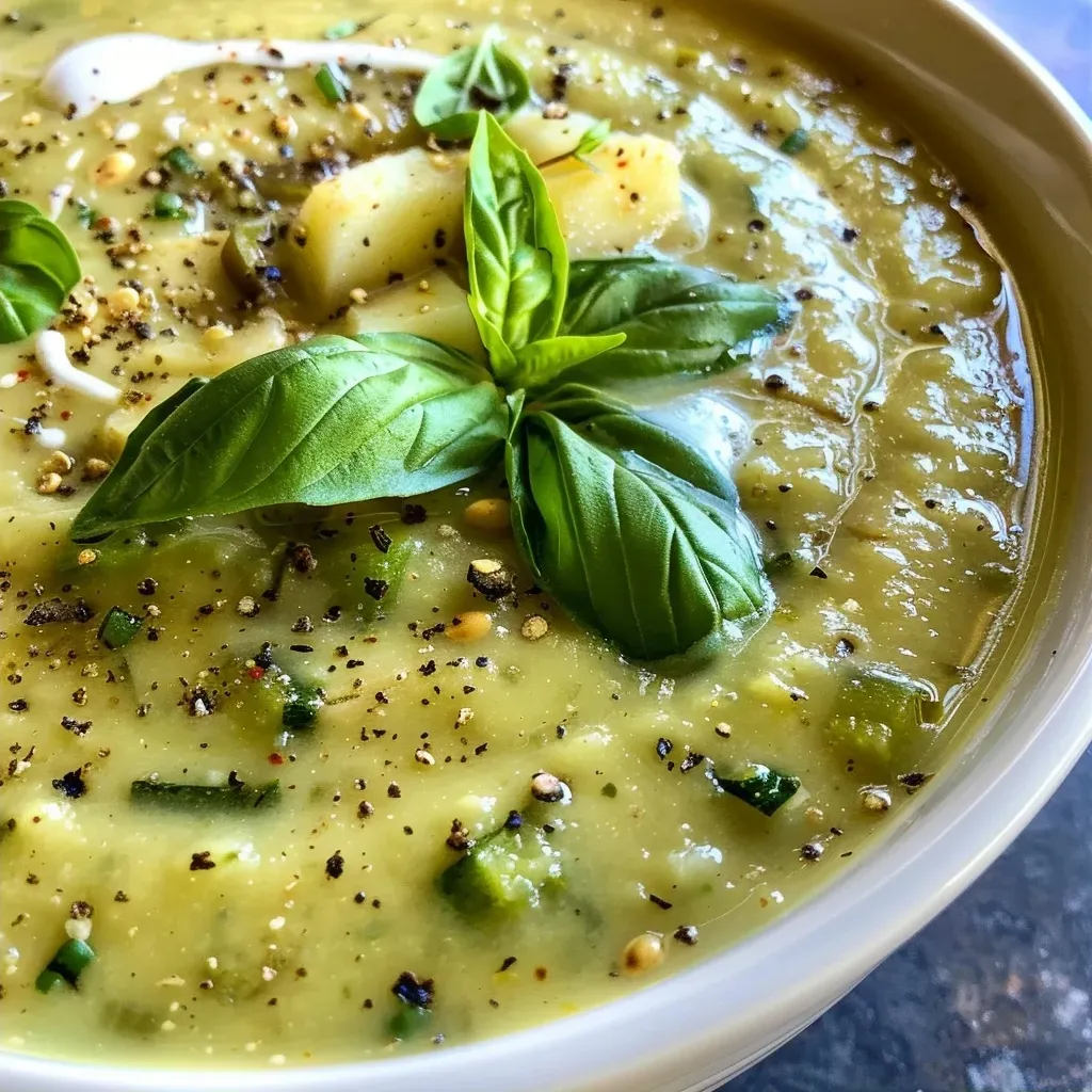['Close-up view of a creamy Zucchini Coconut Soup in a bowl with basil garnish.', 'A side view of Zucchini Coconut Soup showcasing its rich texture and vibrant colors.', 'Delicious Zucchini Coconut Soup in a bowl, with visible chunks of zucchini and herbs.', 'Bowl of smooth Zucchini Coconut Soup topped with basil leaves against a simple background.']
