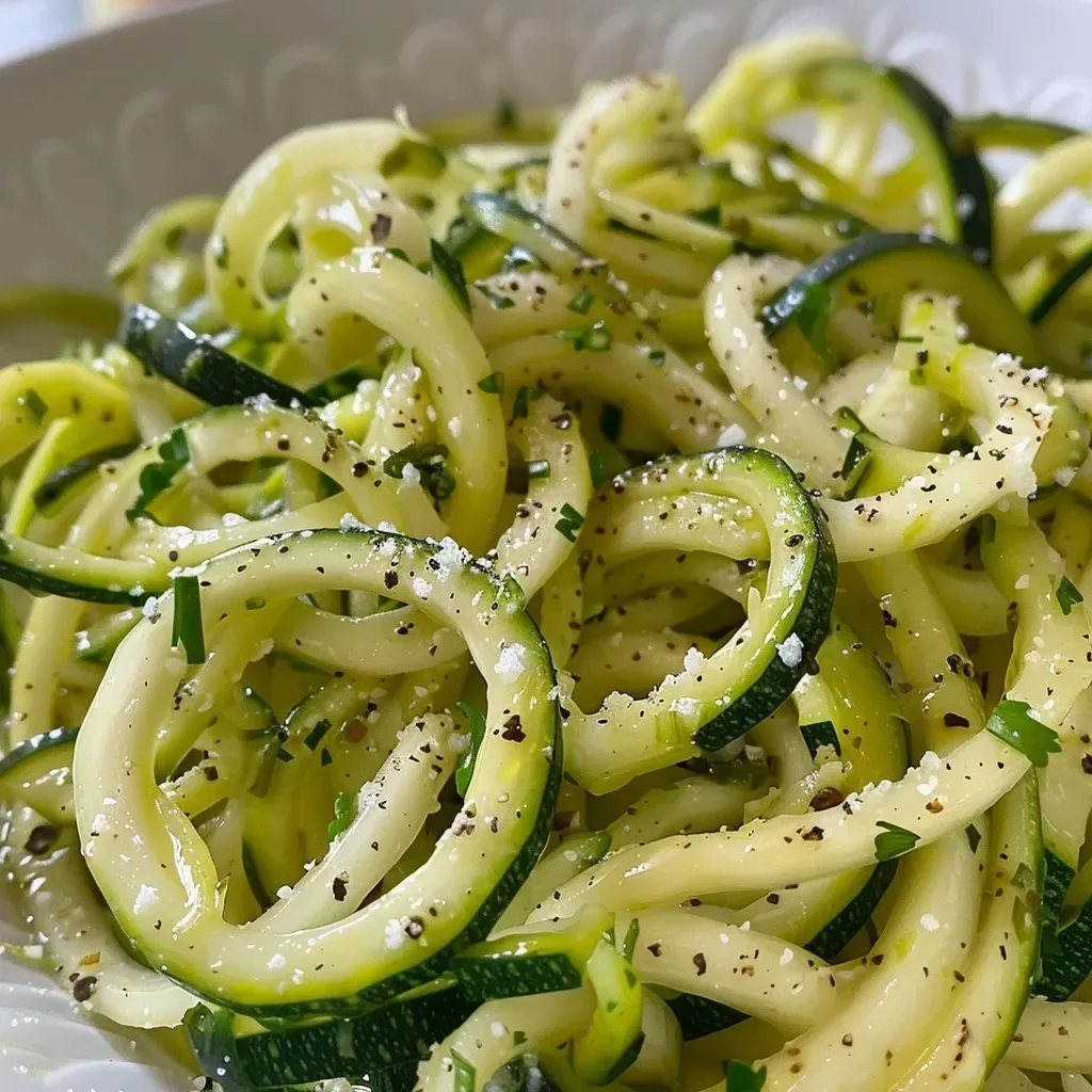Close-up of a bowl of zoodles topped with butter and spices.