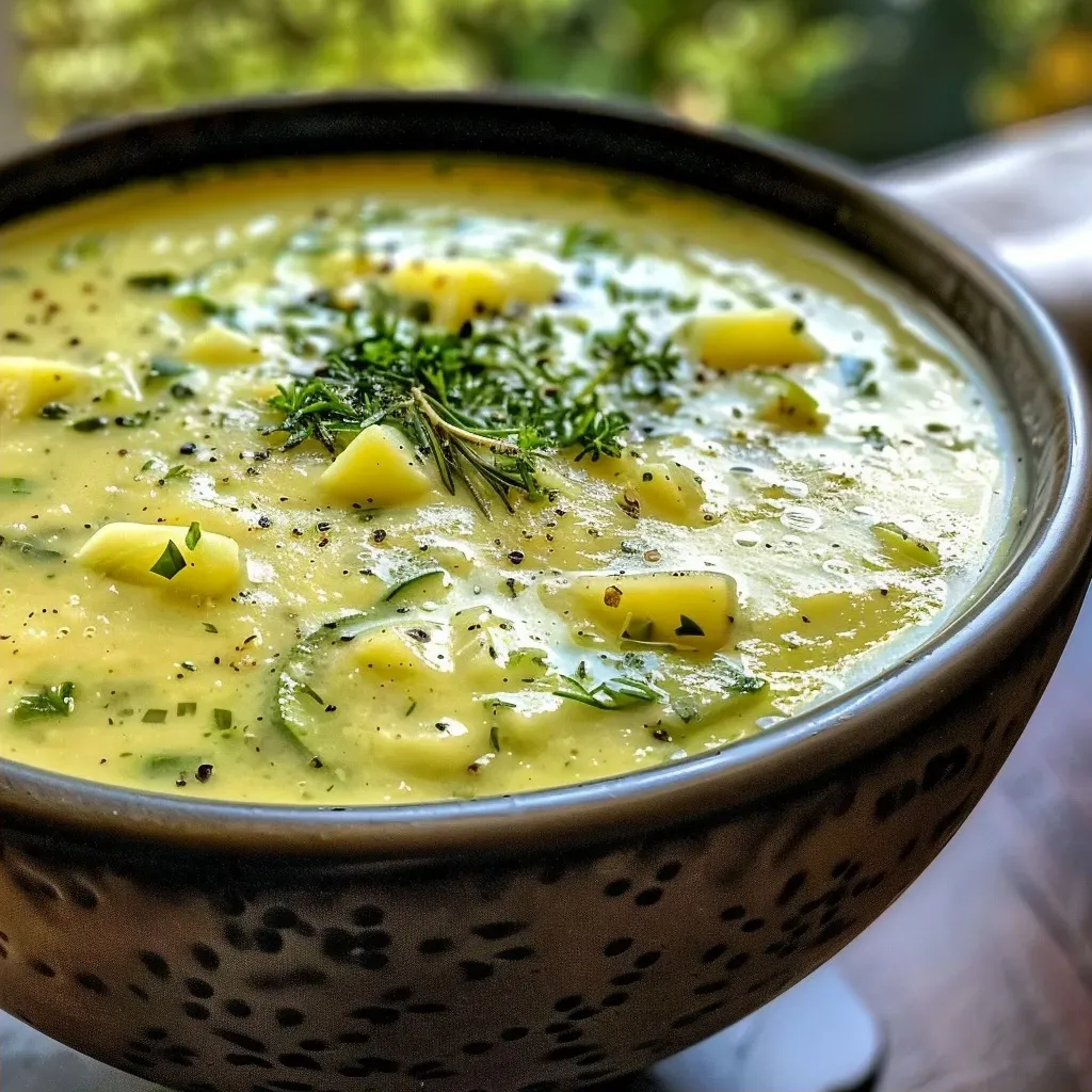 ['Close-up view of creamy zucchini soup in a bowl with chunks of zucchini visible.', 'Side view of a bowl filled with vibrant green zucchini soup garnished with herbs.', 'Thick zucchini soup presented in a rustic bowl, showcasing its rich, creamy texture.', 'A delicious serving of zucchini soup with a velvety appearance, captured in natural light.']