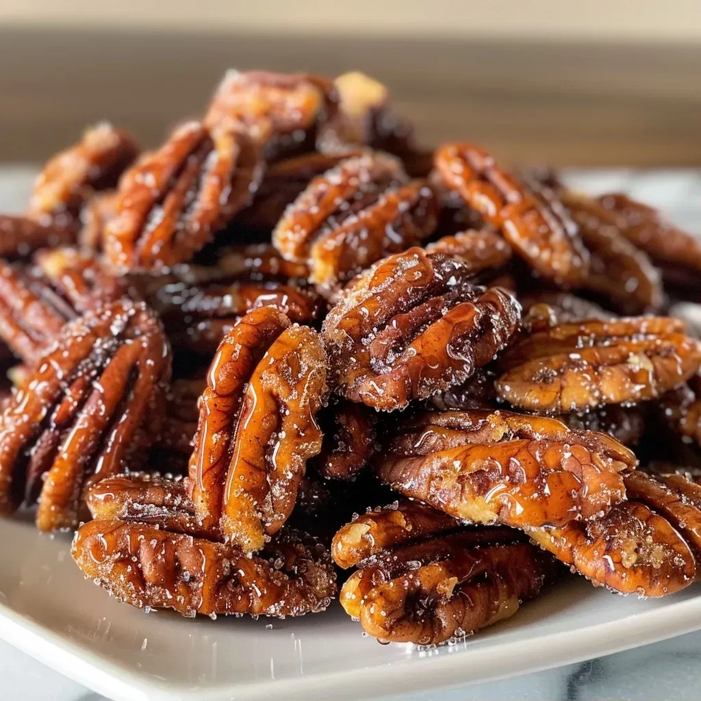 Close-up of shiny, candied pecans in a bowl, glistening with syrup.