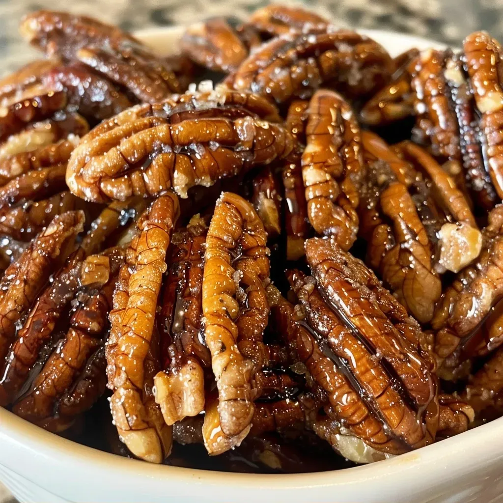 A side view of golden brown air-fried pecans coated in sugar and spices.
