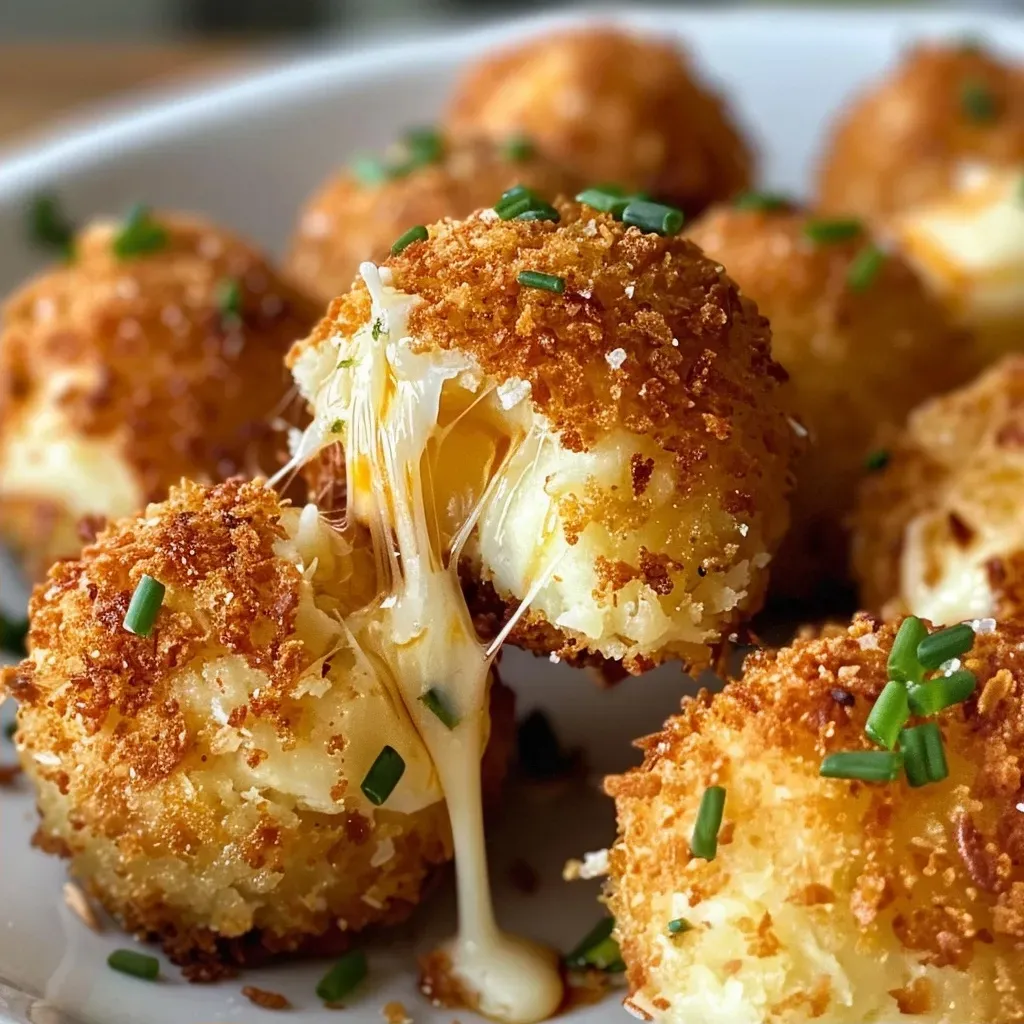 Side angle of deliciously stuffed Air Fryer Cheesy Mashed Potato Balls on a plate.